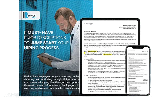 ITSG's guide, 5 Must-Have IT Job Descriptions to Jump Start Your Hiring Process, shown in print form, as well as on an iPad and an iPhone.