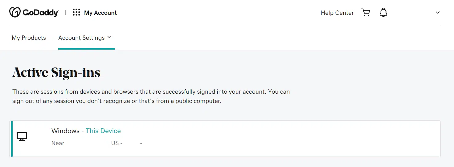 A screenshot of the active sessions on a GoDaddy account, to help monitor GoDaddy Data Breach 2021