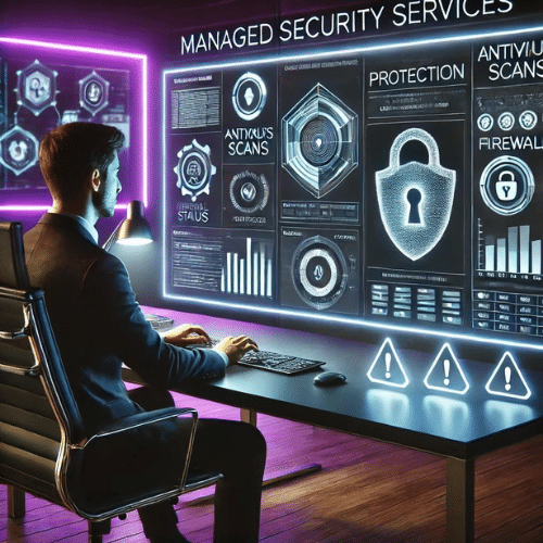 Managed security services image featuring 24/7 monitoring, network and endpoint protection, and compliance to safeguard against cyber threats.