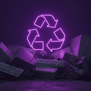 Responsible electronic waste recycling, emphasizing proper disposal, donating usable tech, and wiping hard drives to protect sensitive company data.