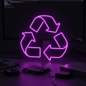 Responsible electronic waste recycling, emphasizing proper disposal, donating usable tech, and wiping hard drives to protect sensitive company data.