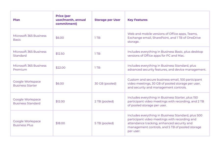 A comparison grid detailing the 2025 pricing and cloud storage allocations for Microsoft 365 and Google Workspace personal, family, and business plans.